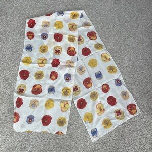 Vintage 100% Silk Made in Korea, Pansies on White Floral Patterned 60” Scarf